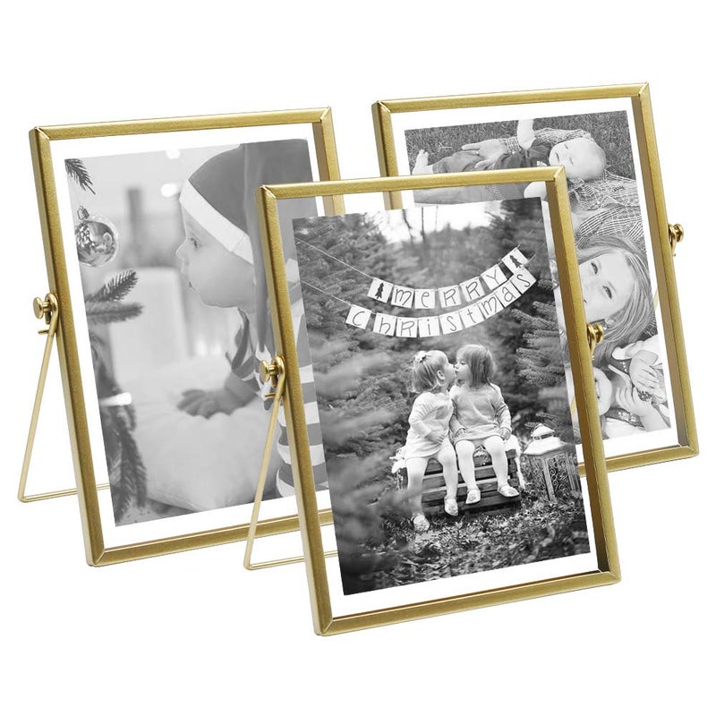 AceList Metal Picture Frames, Set of 3 Ornate Minimal Floating Edge Clear Glass Table Top Easel Stand Photo Frames in Gold, 4 x 6, Assortment Variety - Image 1